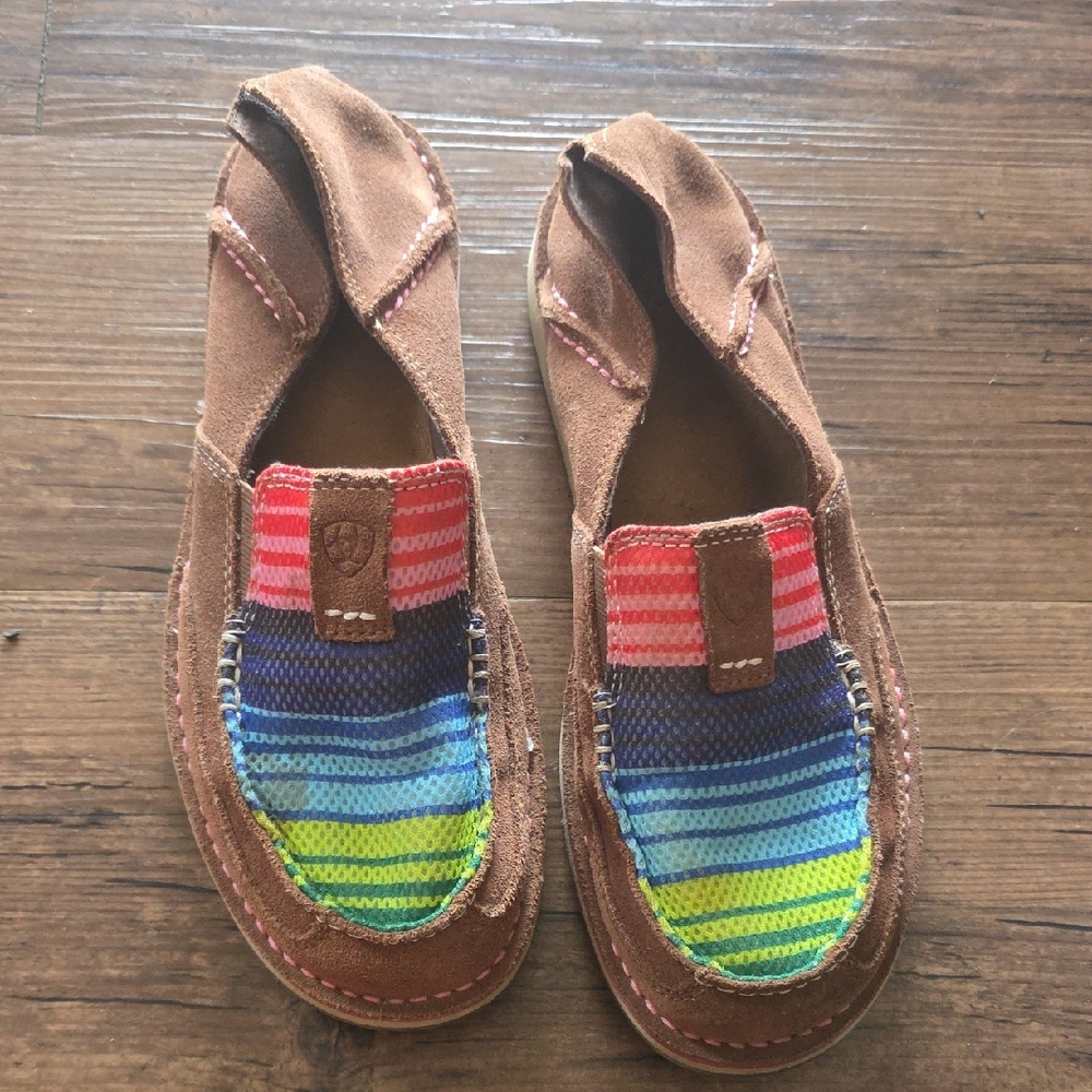 Ariat Brown Suede Slip-On Flats with Multicolor Striped Canvas Toe